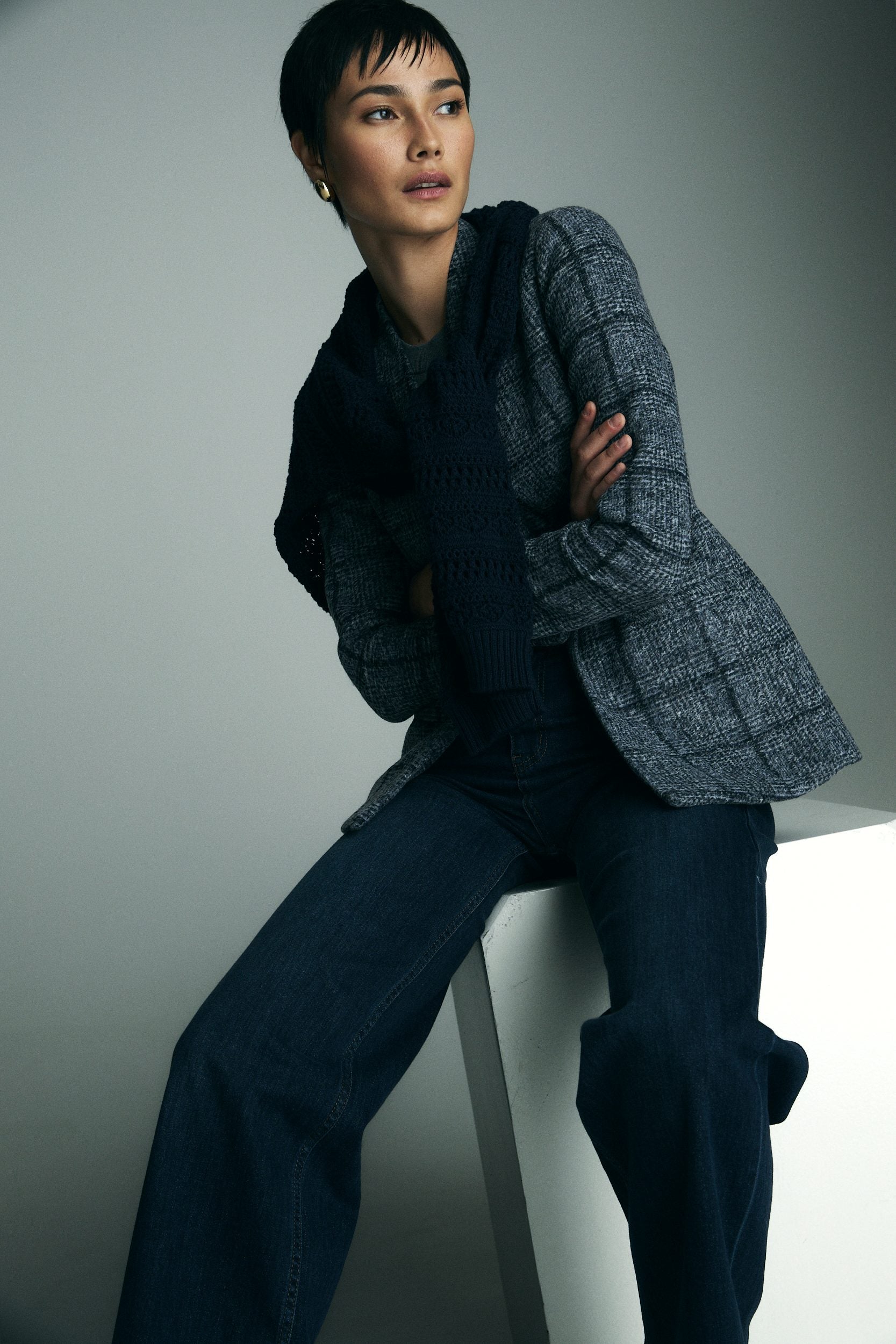 Plaid fitted stretch blazer