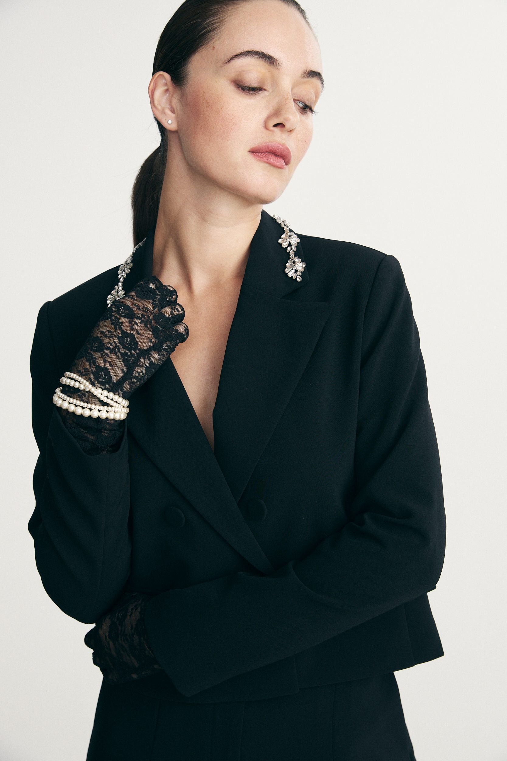 Blazer with crystal-embellished collar