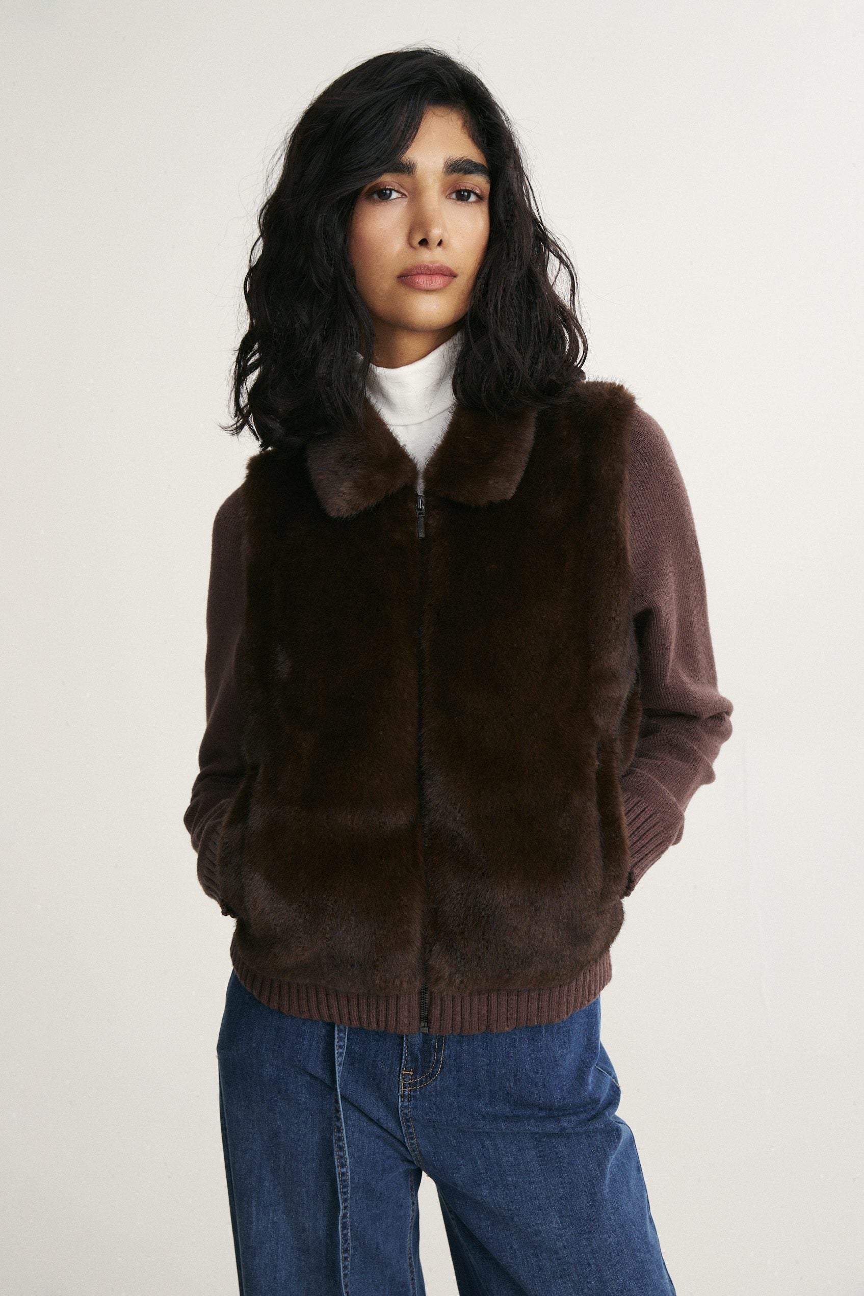 Faux fur and knit combo jacket