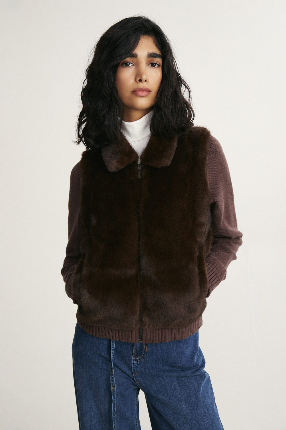 Faux fur and knit combo jacket