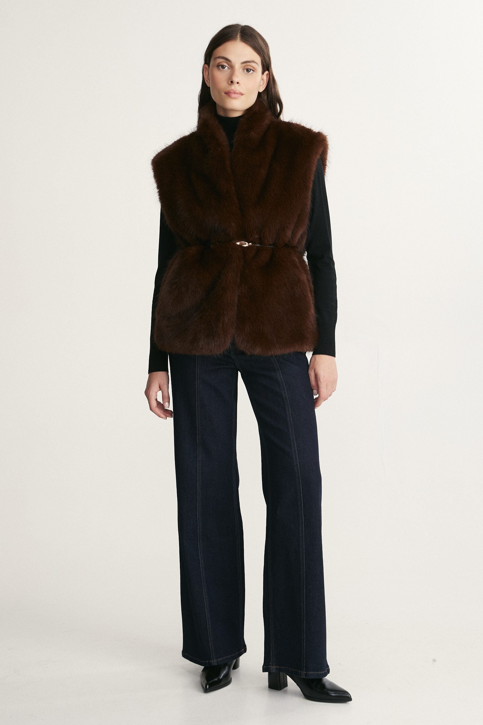 Faux fur coat with belt