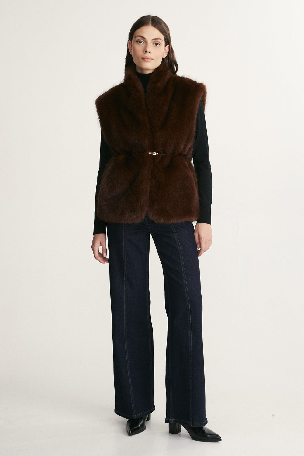 Faux fur coat with belt