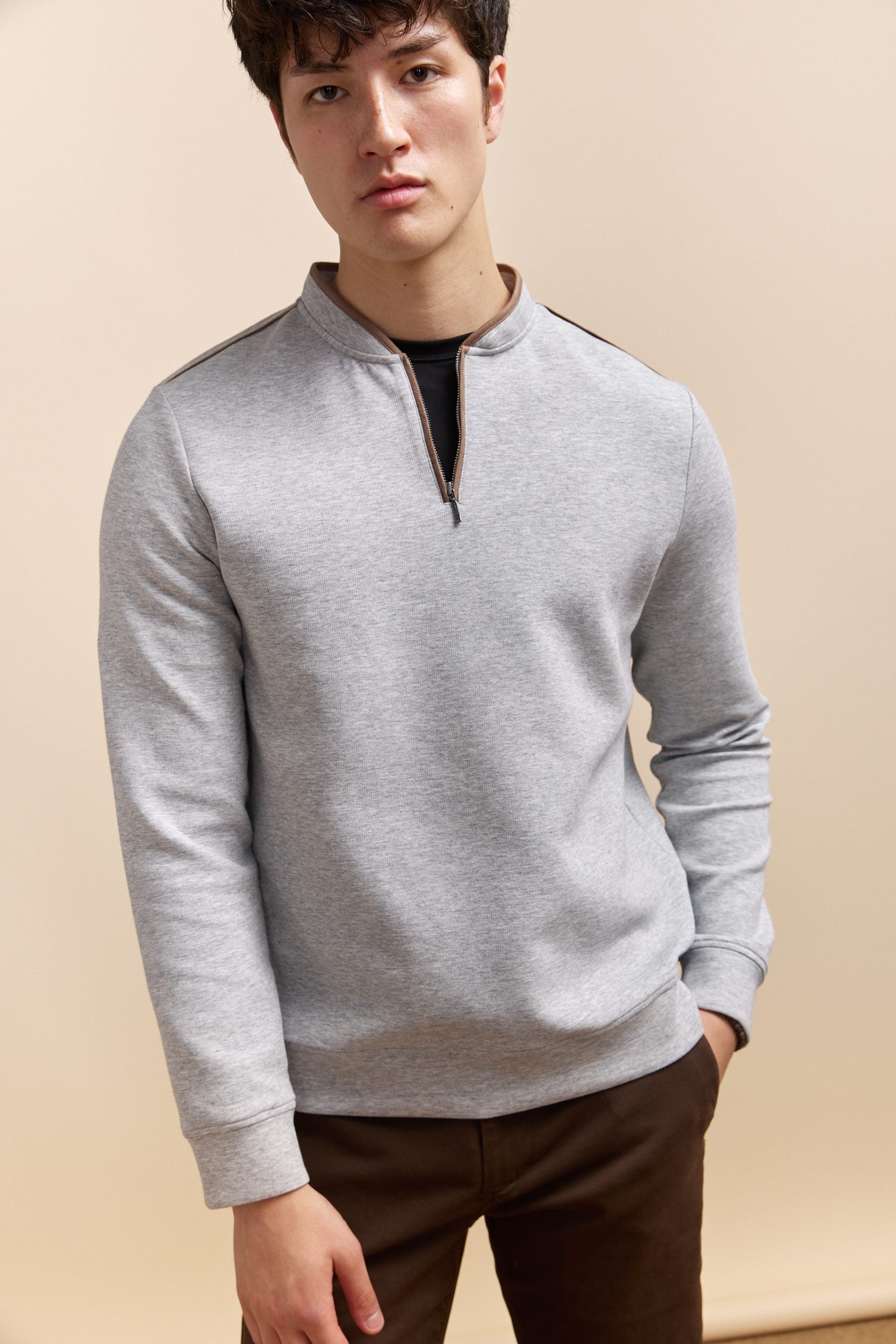 Zip crew neck collar long sleeves t shirt