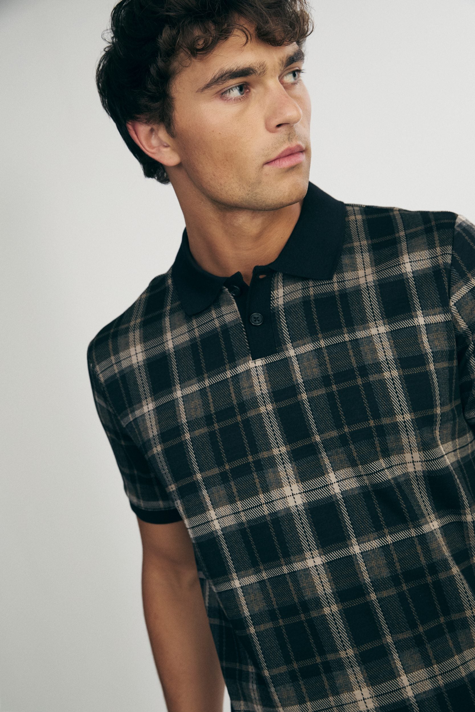 Check polo with rib collar