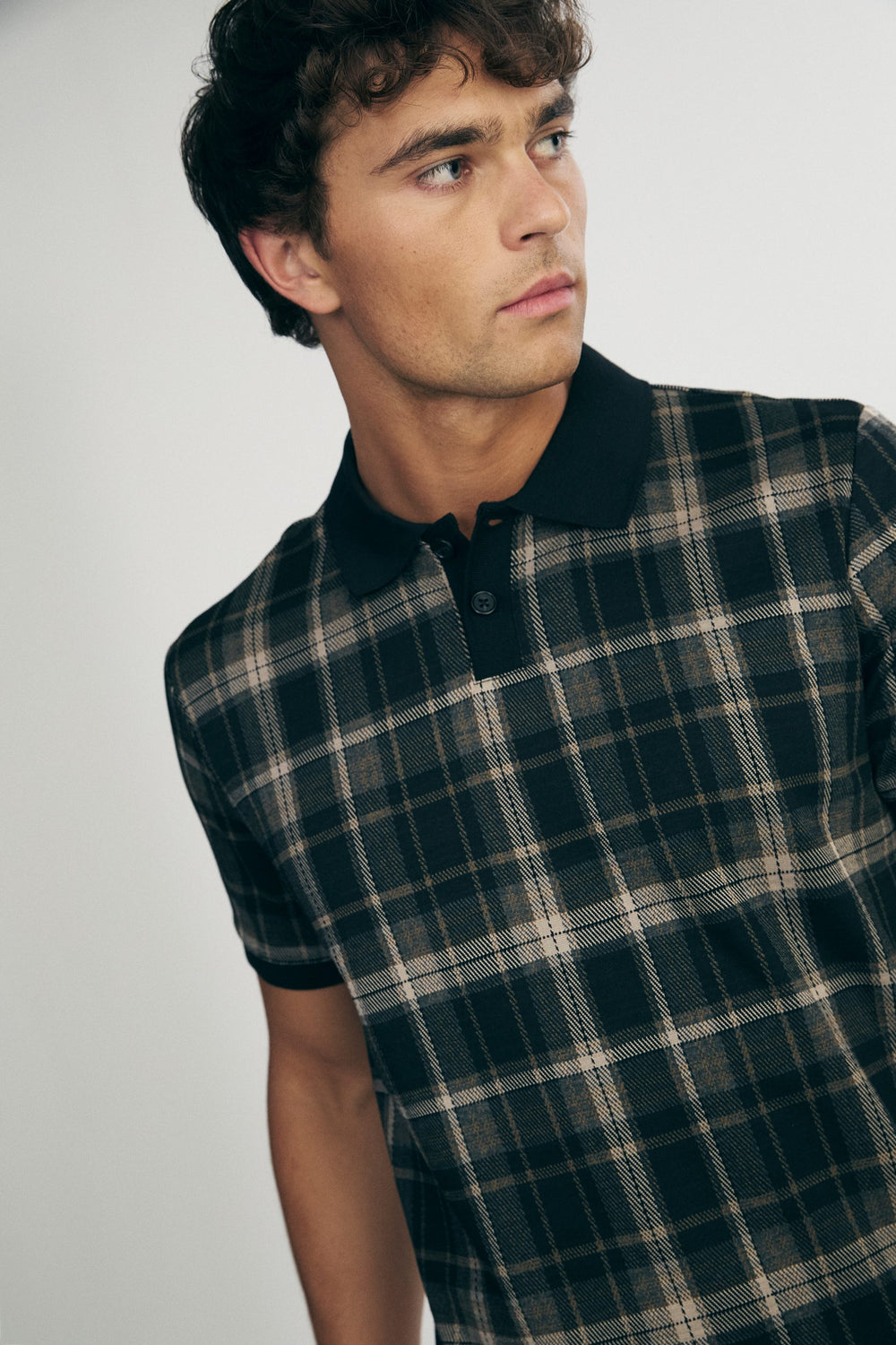 Check polo with rib collar