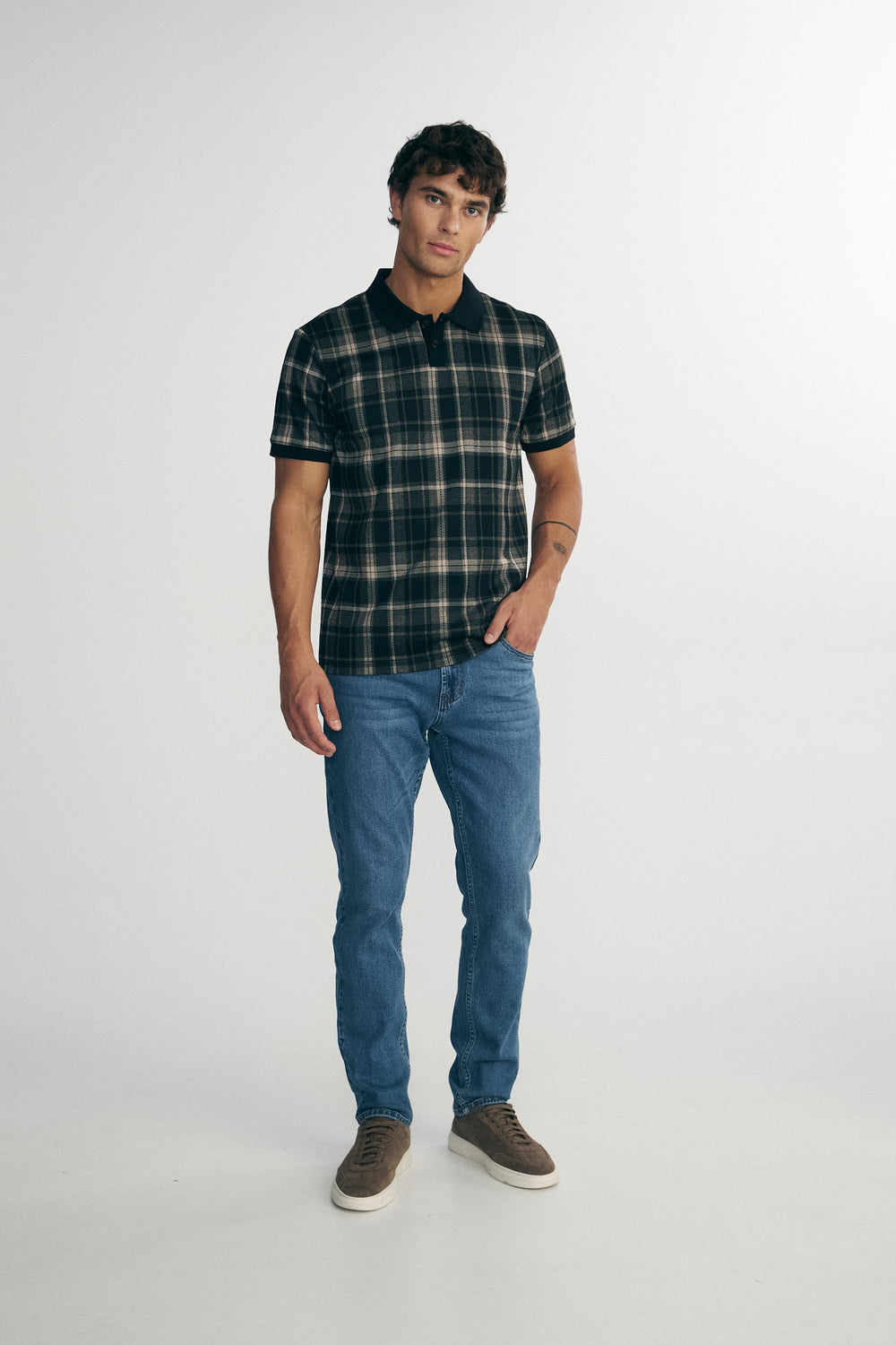 Check polo with rib collar