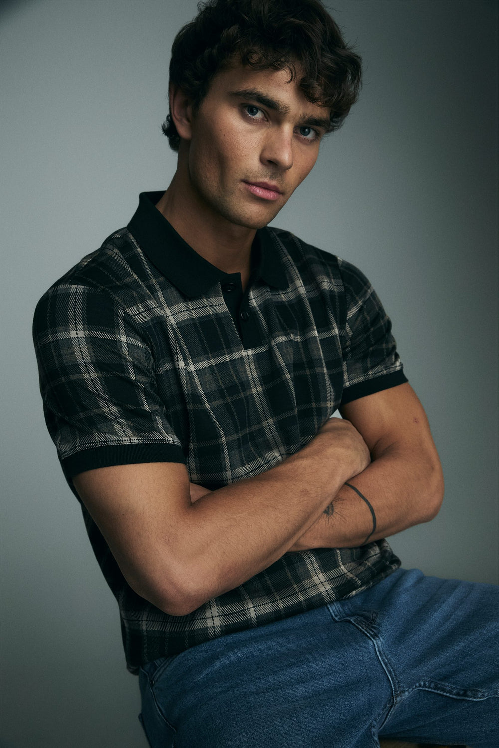 Check polo with rib collar