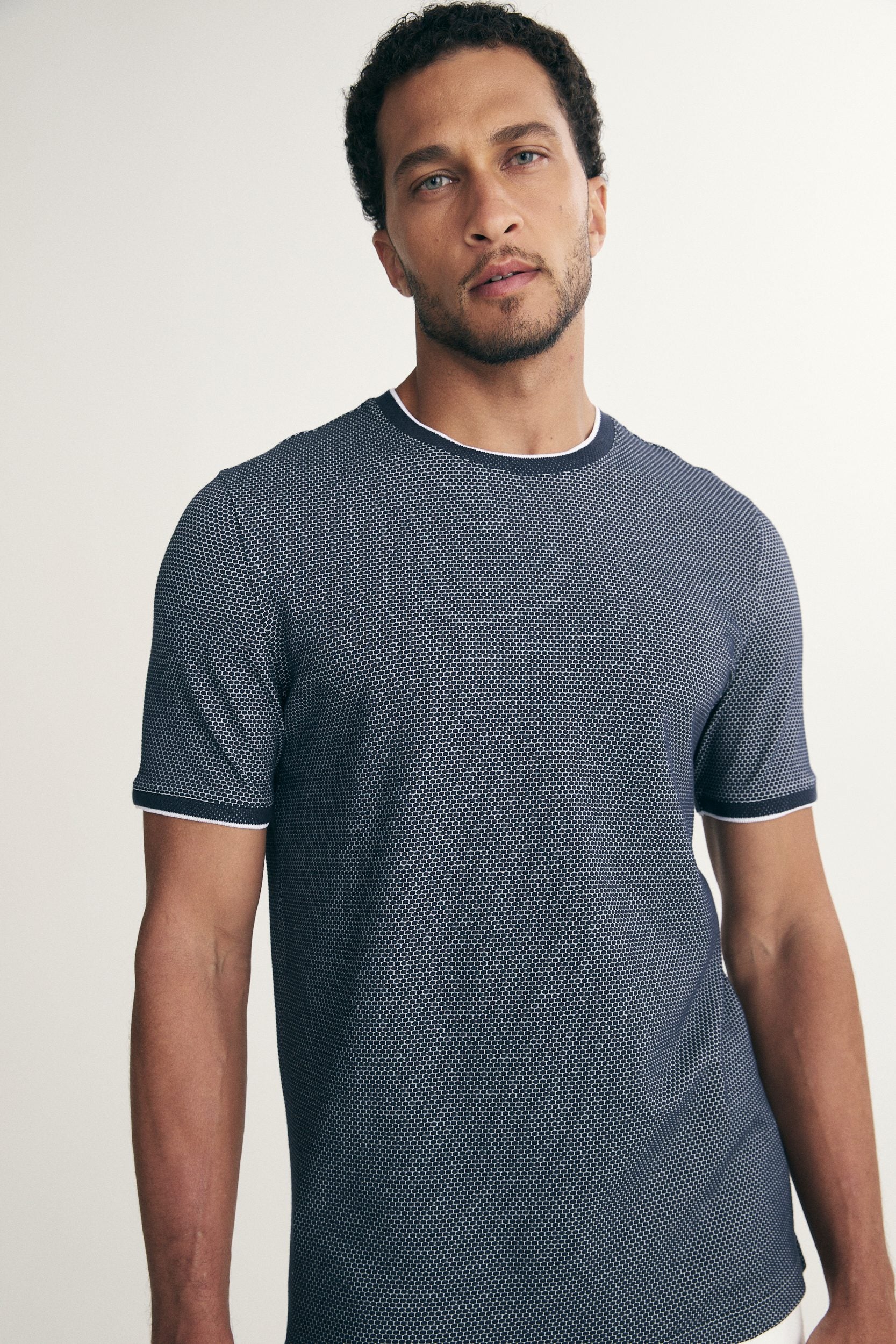 T-shirt jacquard détails de tricot côtelé