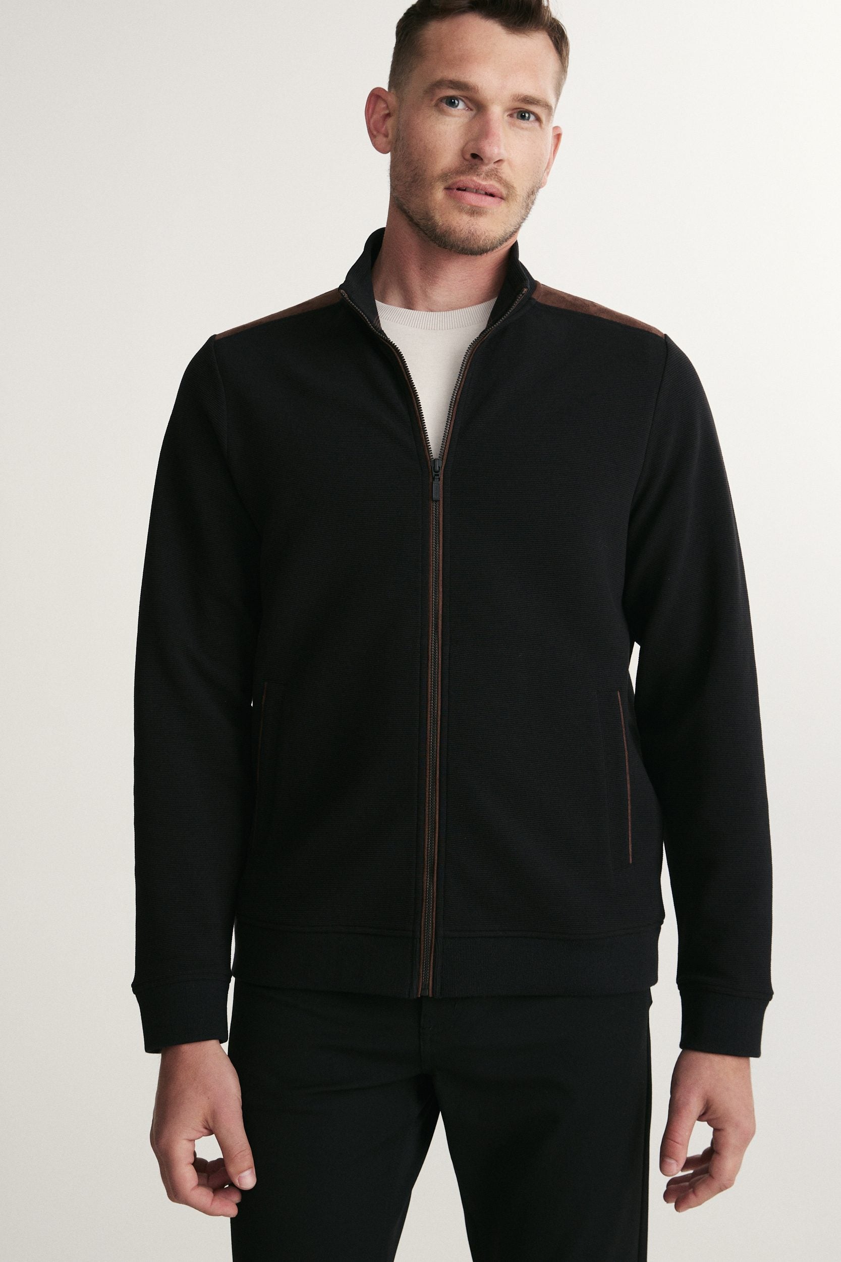 Cardigan ottoman col montant à zip et faux suède