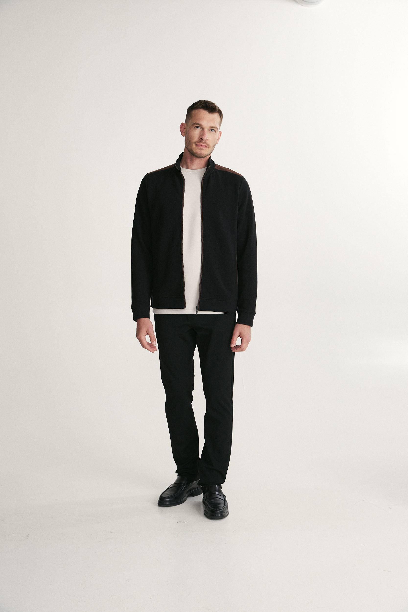 Cardigan ottoman col montant à zip et faux suède