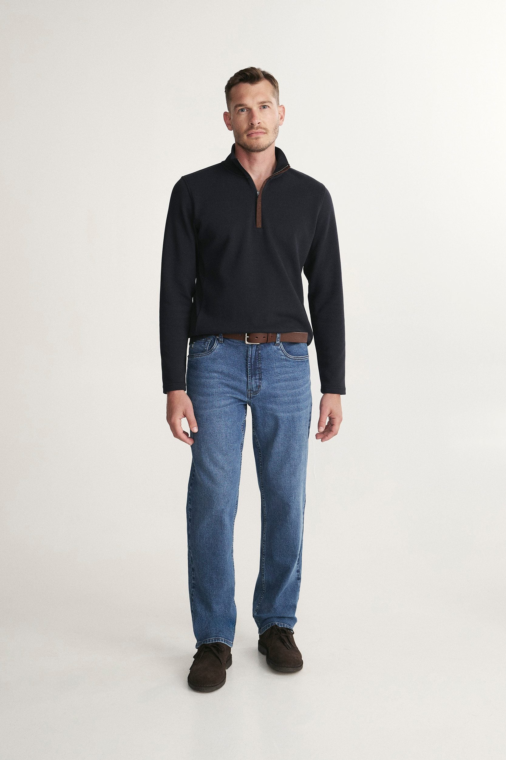 T-shirt texturé col montant à zip avec faux suède