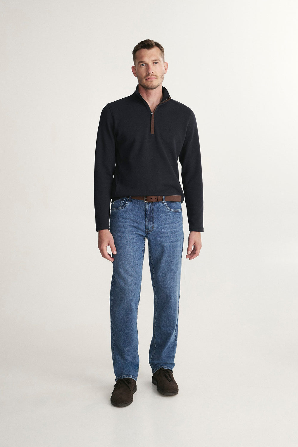 T-shirt texturé col montant à zip avec faux suède