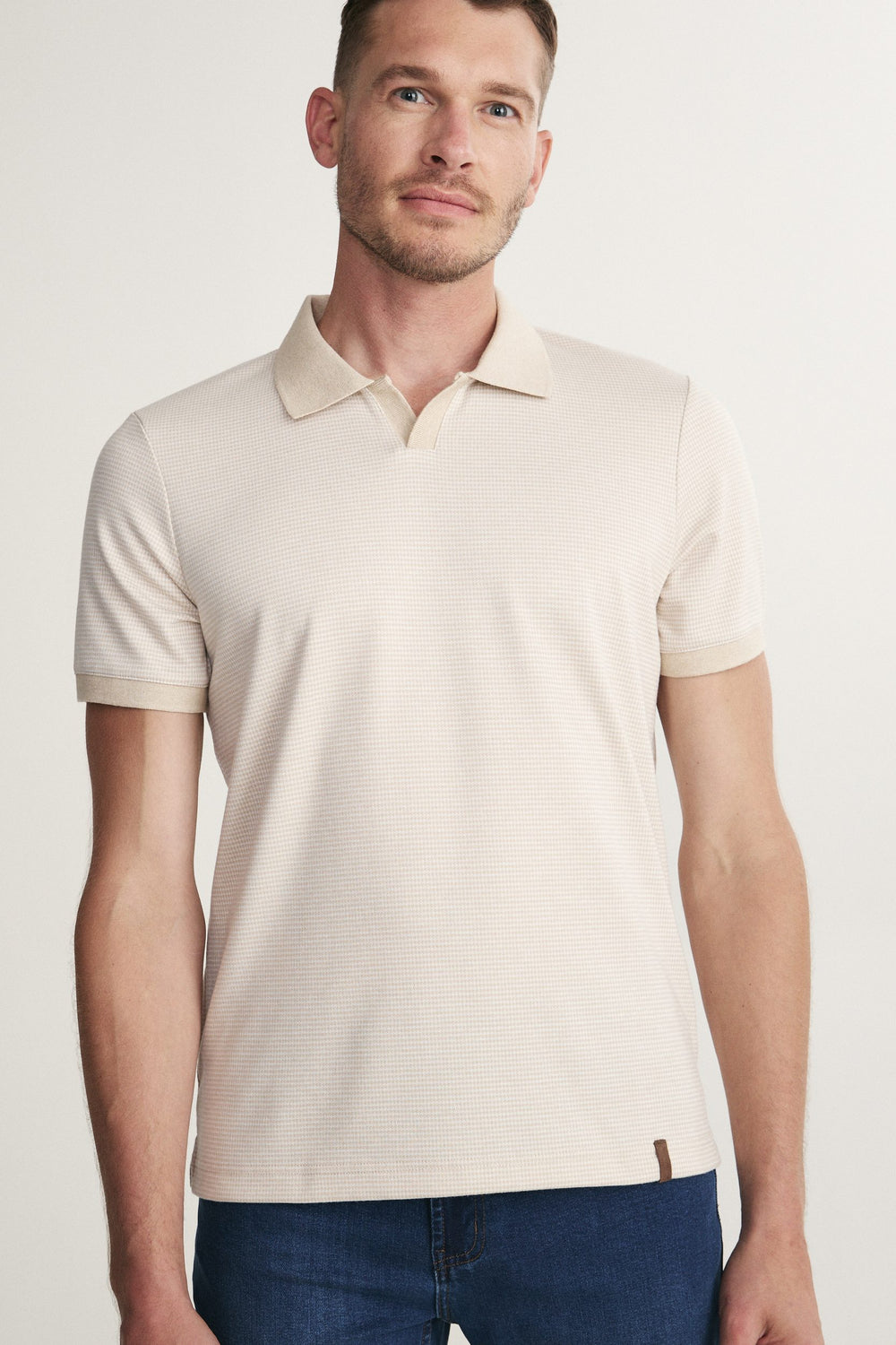 Houndstooth Open-Collar Polo