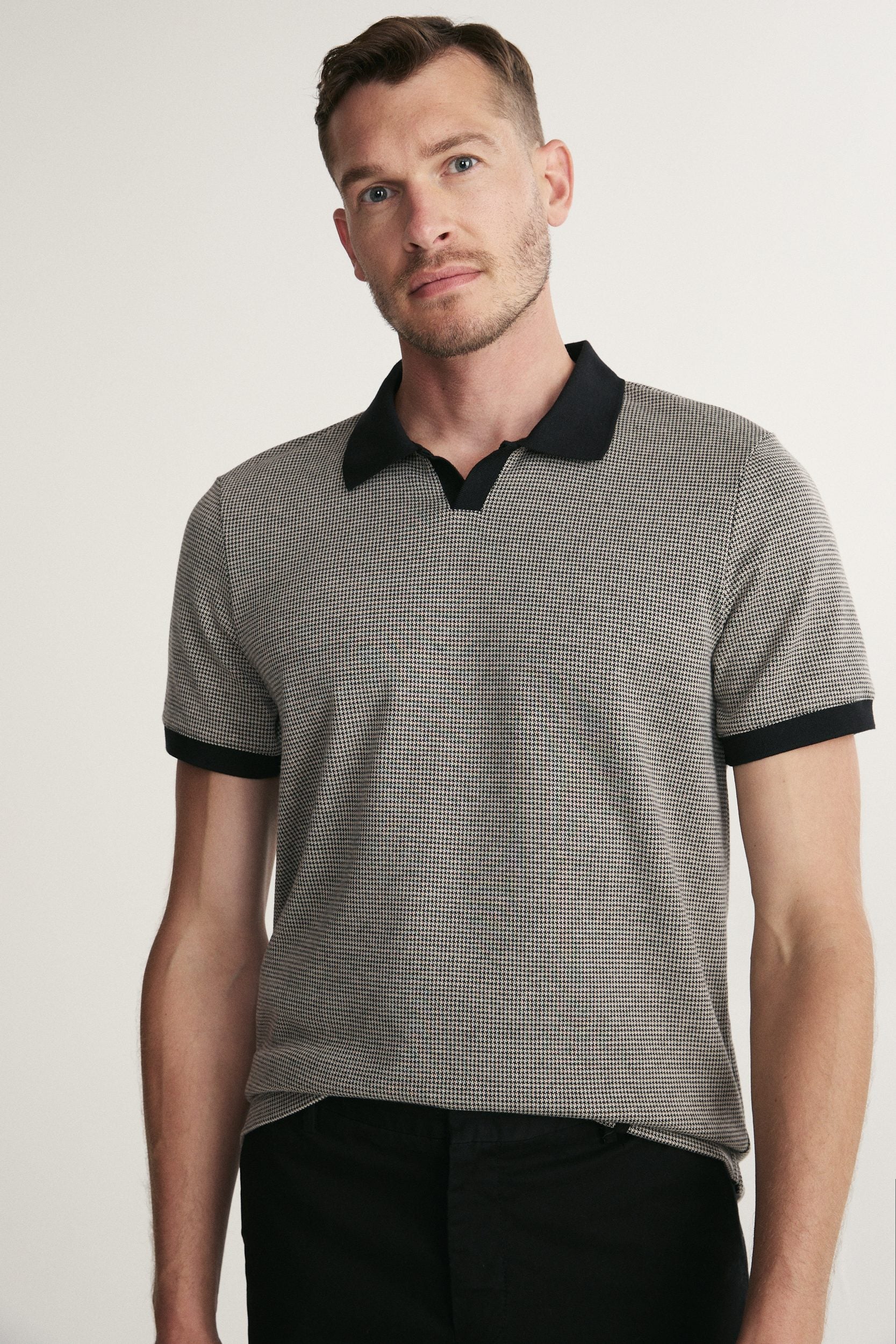 Houndstooth Open-Collar Polo