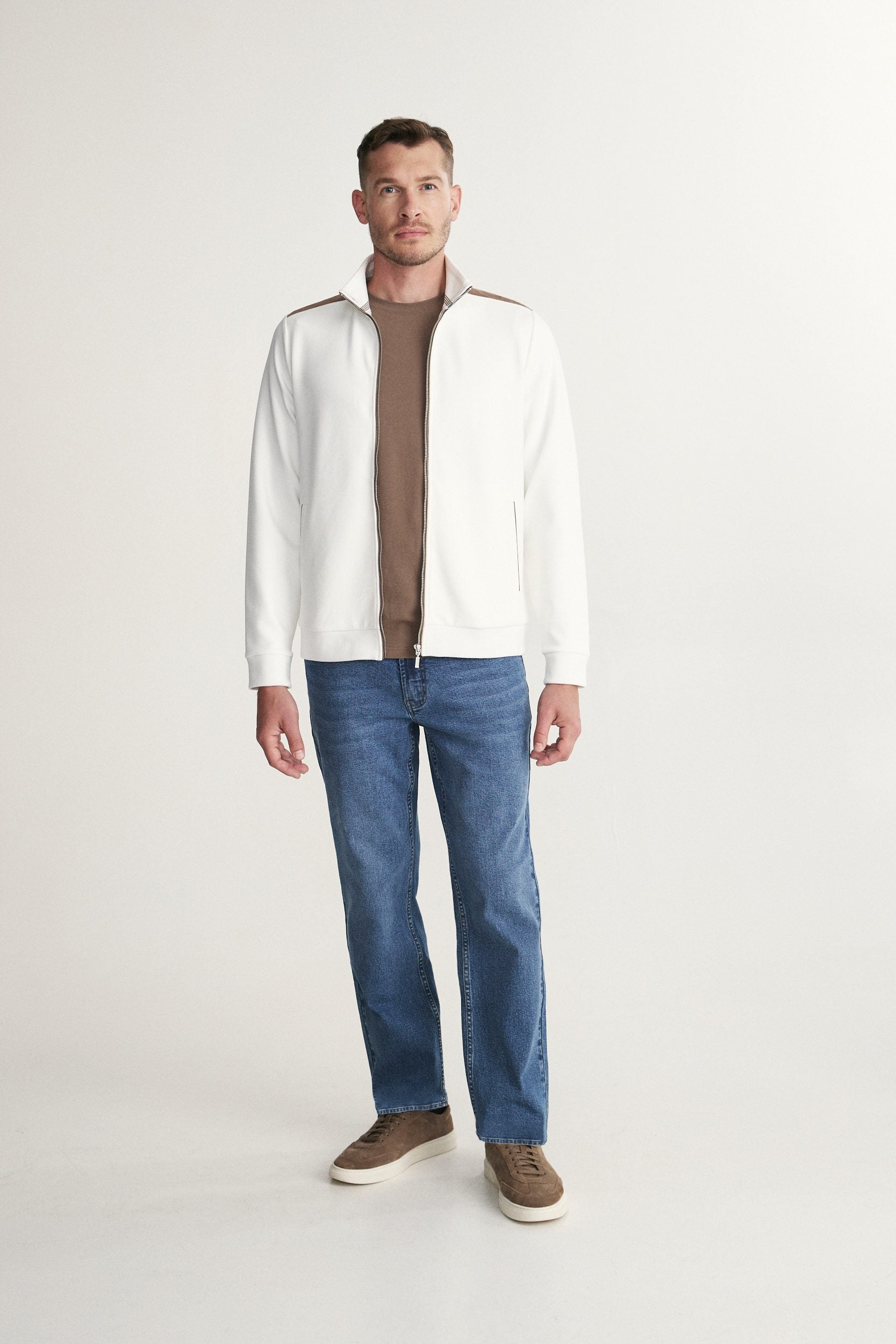 Mock neck zip cardigan with faux suede