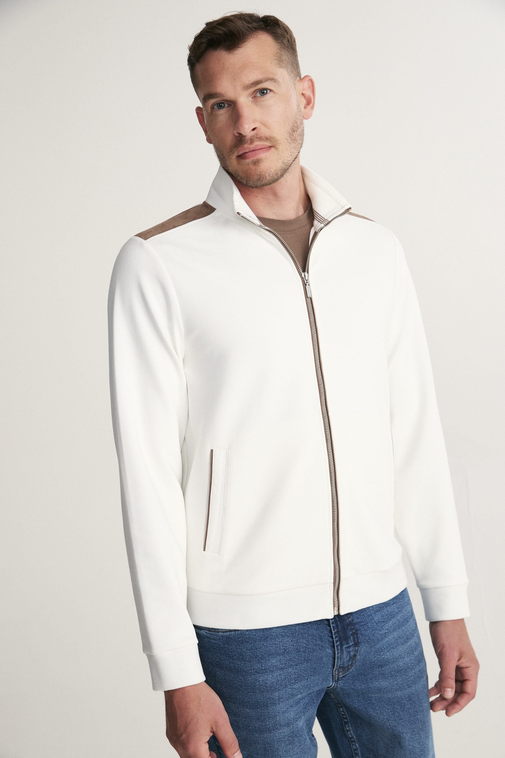 Mock neck zip cardigan with faux suede