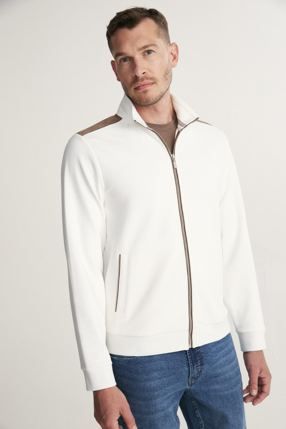 Mock neck zip cardigan with faux suede