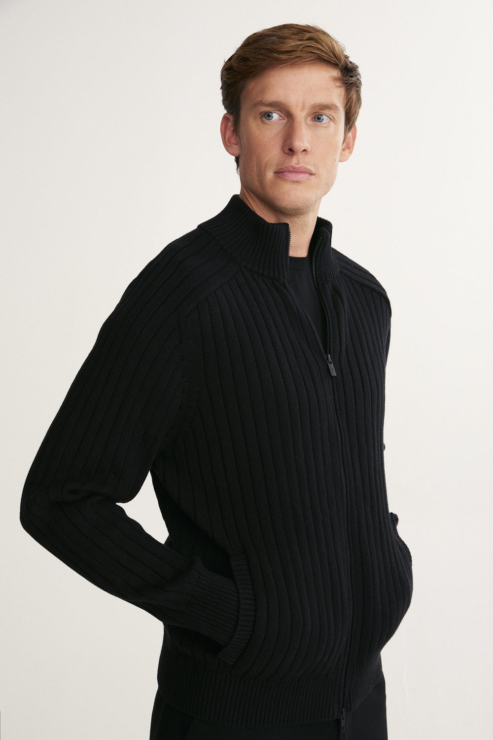 Rib cardigan with zipper