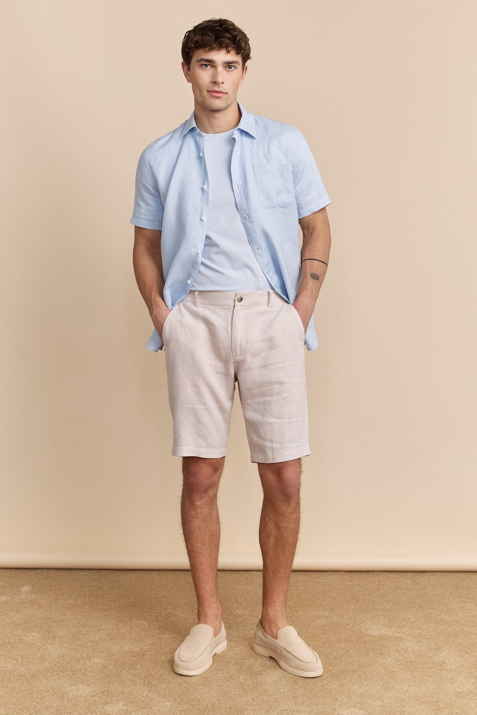 Elastic waistband linen bermuda