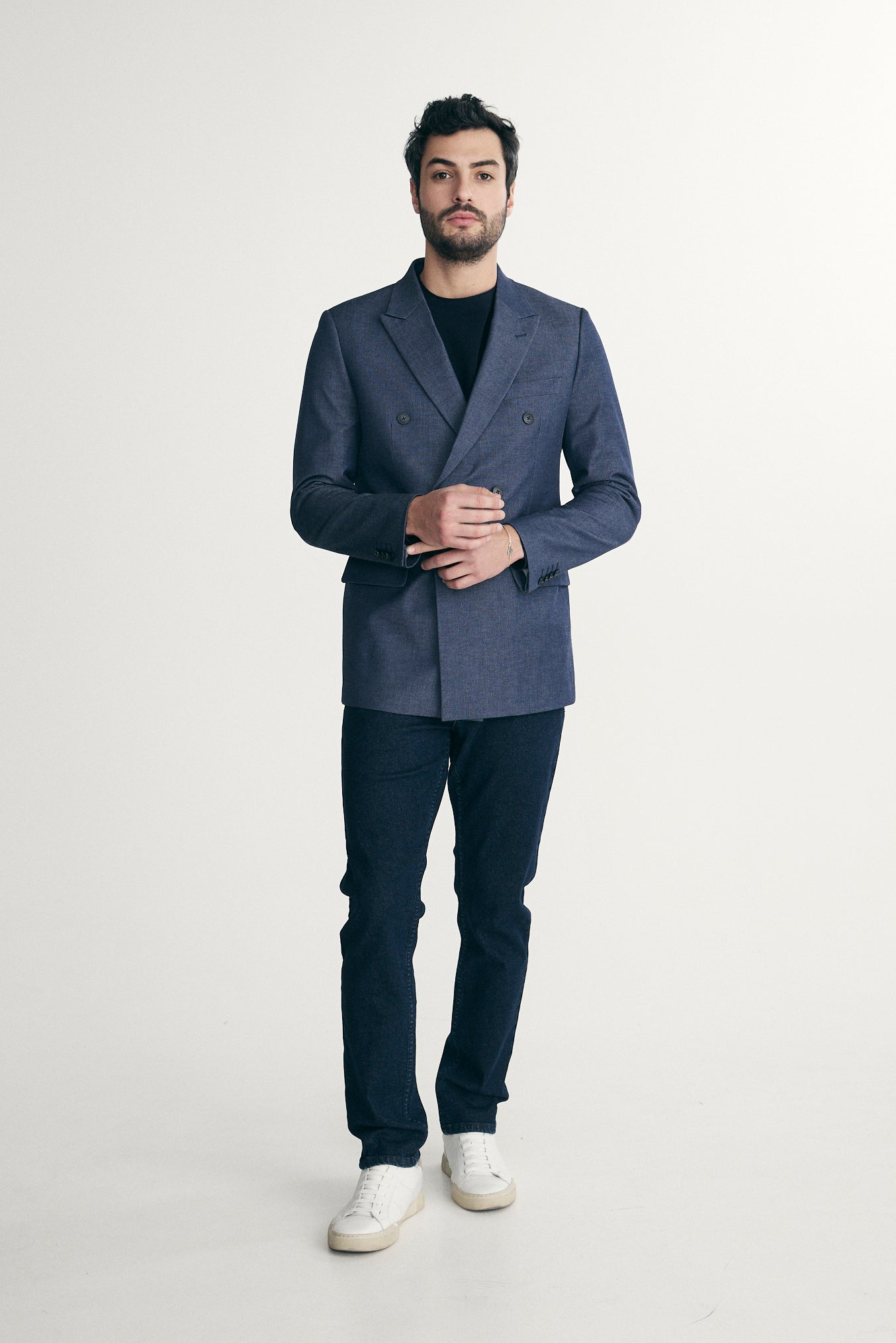 Denim-look double-breasted fitted blazer