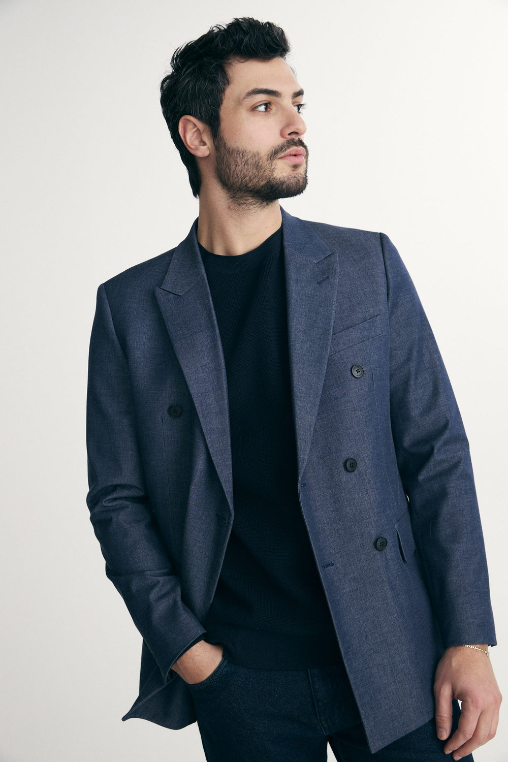 Denim-look double-breasted fitted blazer