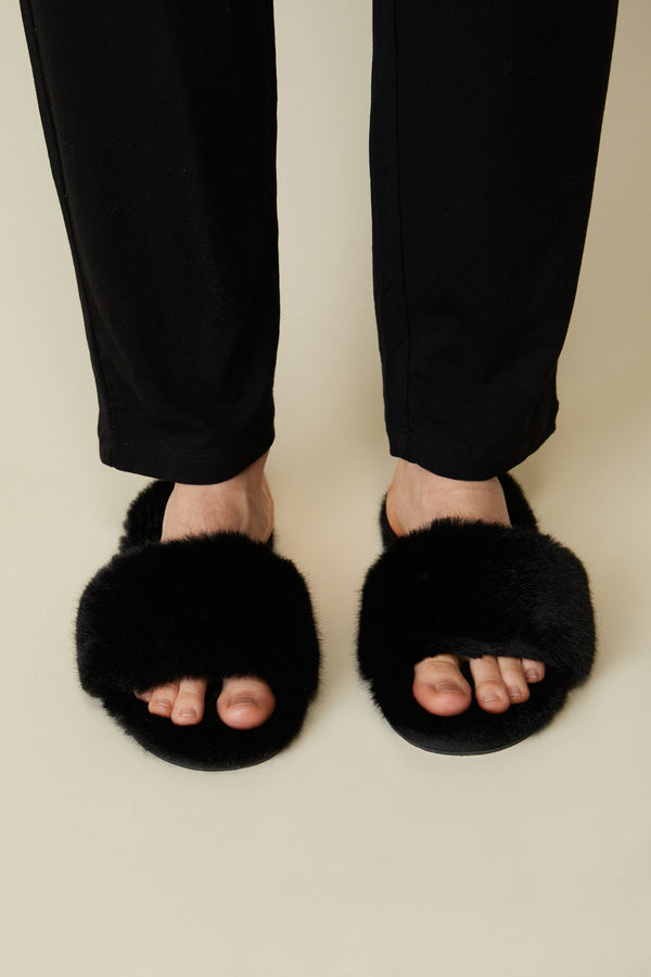 Faux fur open toe slippers