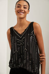 Embellished sleeveless top with lace insert