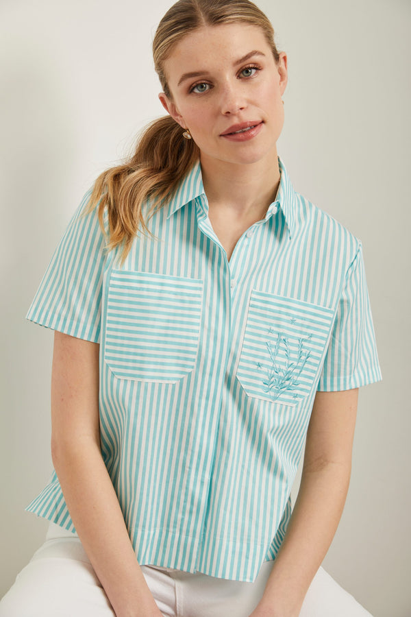 Short sleeve striped shirt with embroidered pocket