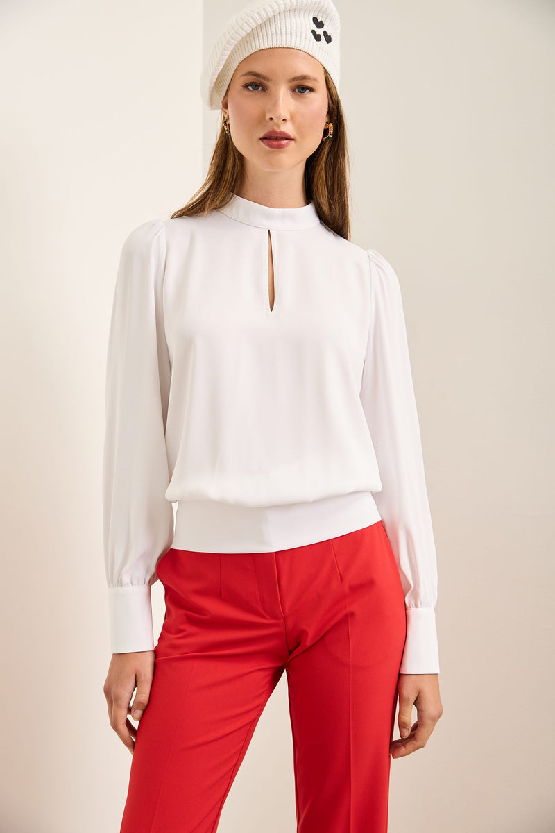 Mock Neck Blouse With Rushed Waistband
