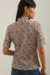 Printed short sleeve top with mock neck neck