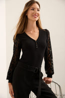 Rib Top With Lace Puffy Sleeves