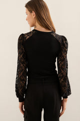 Rib Top With Lace Puffy Sleeves