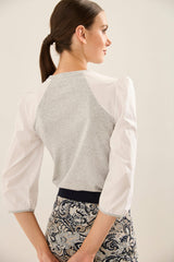 Multi Fabric Top With Puffy Sleeves