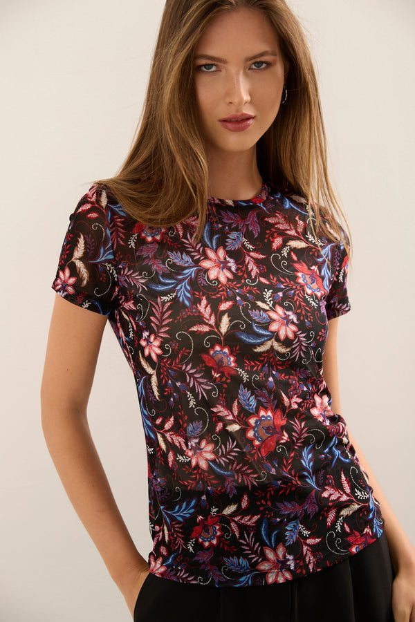 Floral Printed Micro Mesh T-Shirt