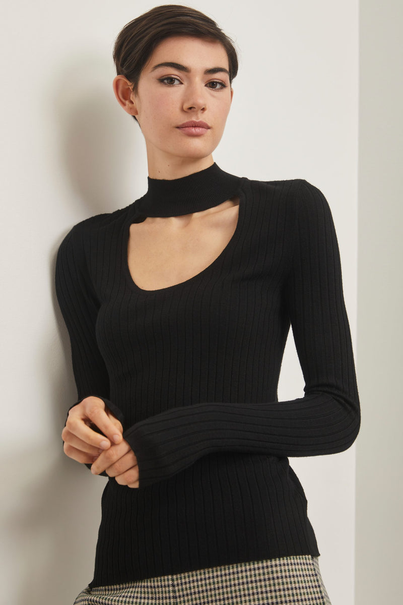 Scoop neck rib top with mock collar