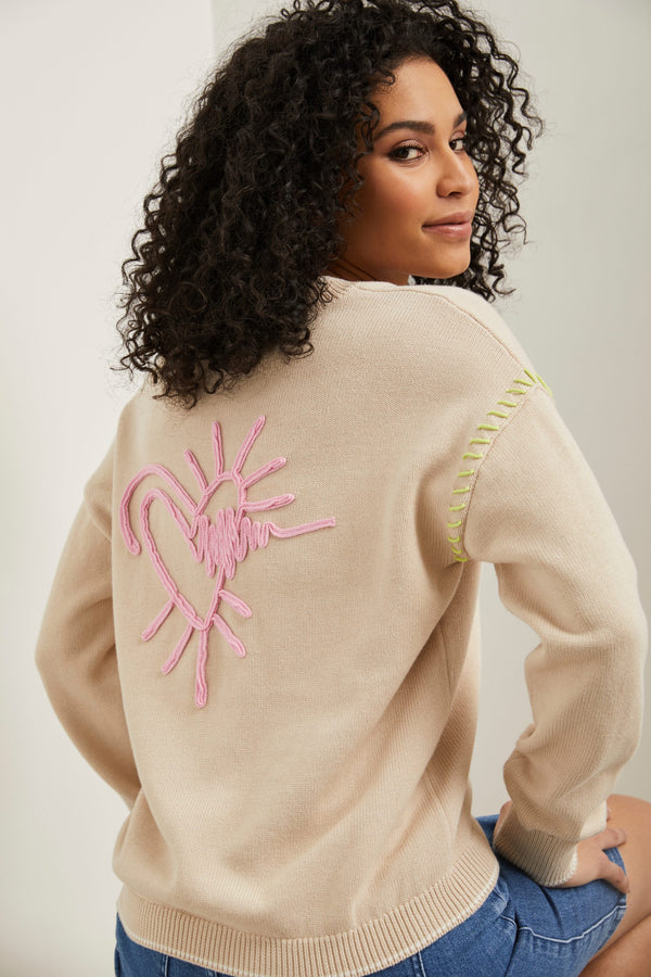 V neck sweater with heart embroidery at back