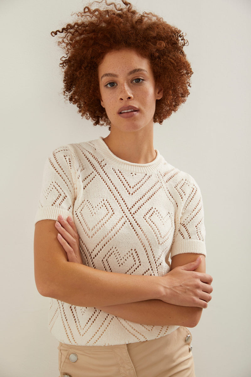 Crew neck sweater with pointelle hearts design