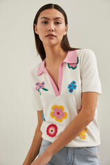 Top with polo collar & embroideries