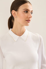 Crew Neck Sweater With Creped Puffy Sleeves