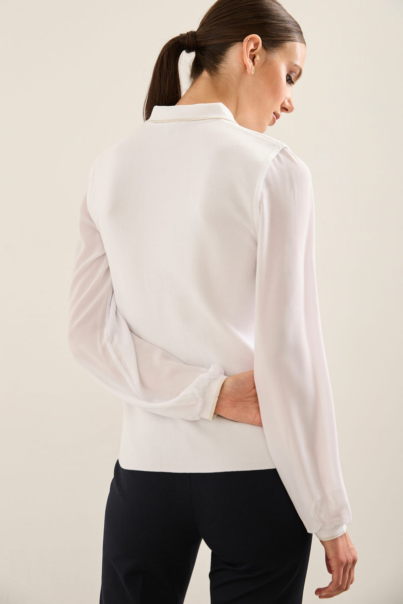 Crew Neck Sweater With Creped Puffy Sleeves