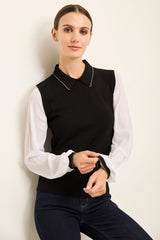 Crew Neck Sweater With Creped Puffy Sleeves