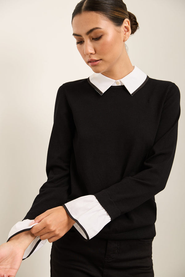 Sweater With Shirt Collar and Removable Cuff