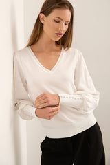 V Neck Sweater With Satin Puffy Sleeves