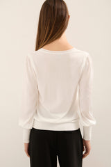 V Neck Sweater With Satin Puffy Sleeves