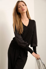 V Neck Sweater With Satin Puffy Sleeves