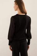V Neck Sweater With Satin Puffy Sleeves