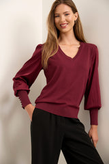 V Neck Sweater With Satin Puffy Sleeves