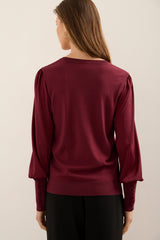 V Neck Sweater With Satin Puffy Sleeves