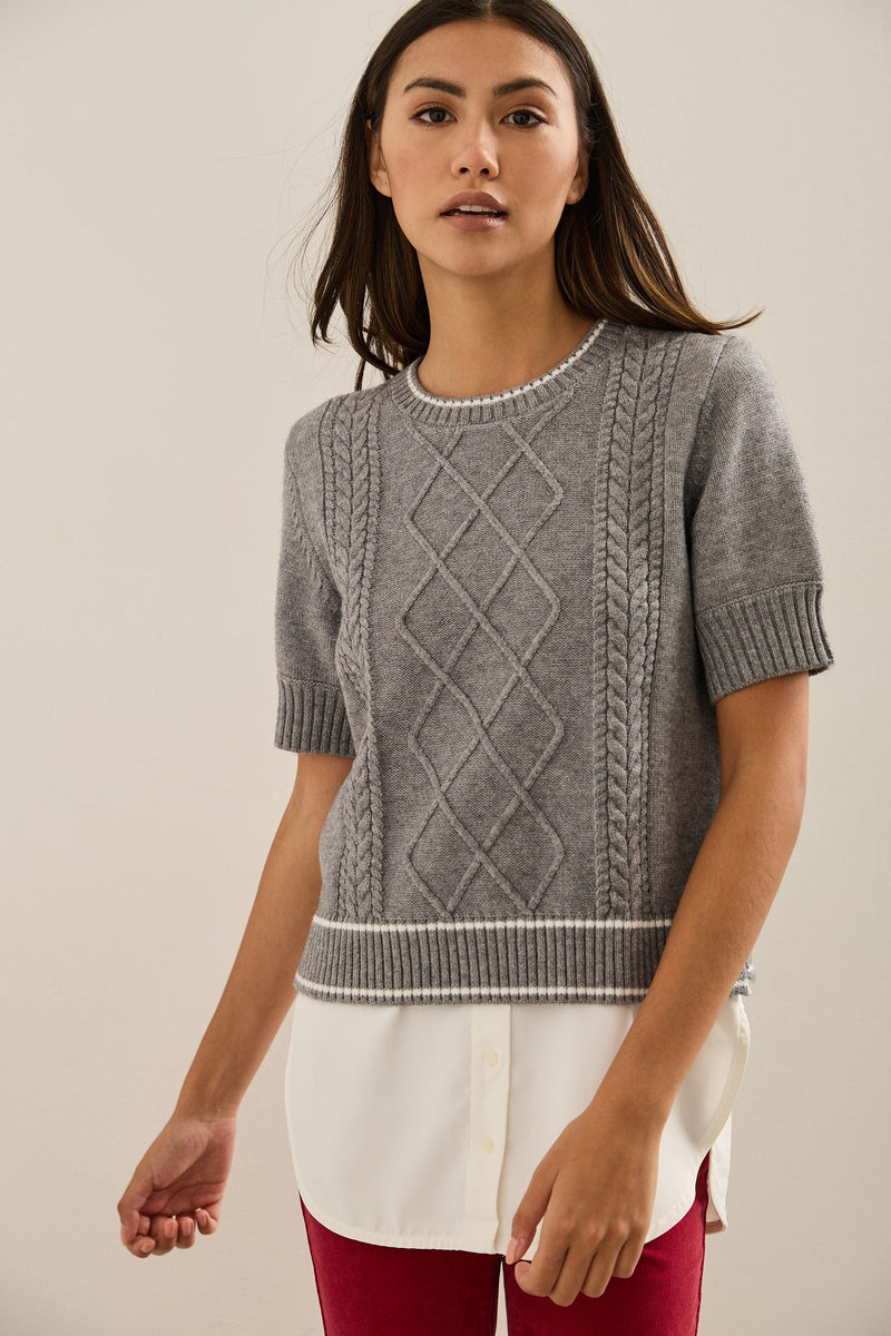 Short Sleeve Cable-Knit Sweater