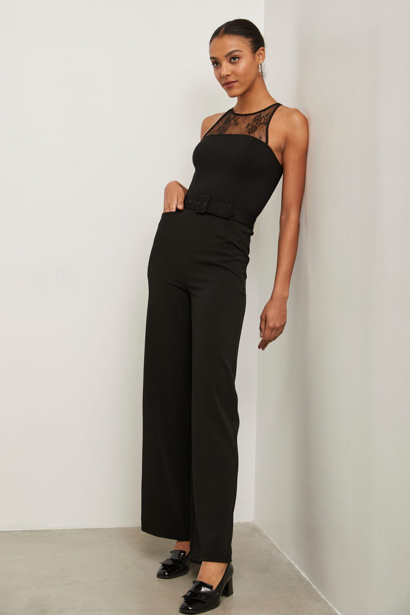 Belted jumpsuit with lace detail